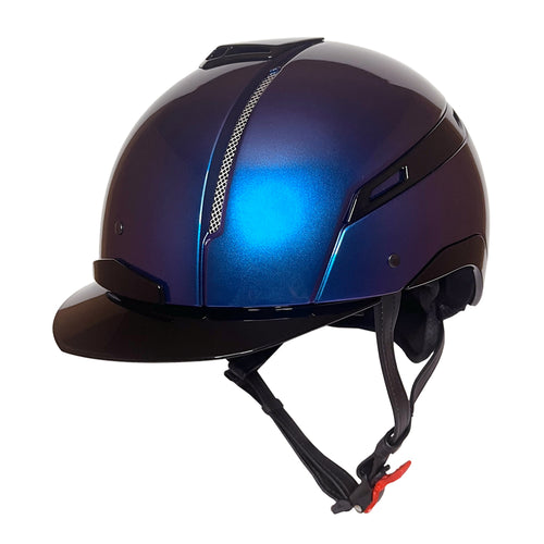 JS Italia colour design fibreglass riding helmet with blue and purple transitioning colour 
