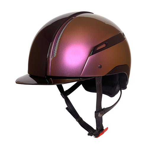 JS My colour design fibreglass riding helmet in pink and bronze with shiny black details