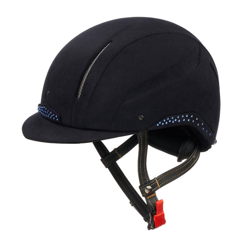 JS Italia fibreglass riding helmet in navy blue suede with Swarovski crystal Details