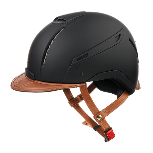 JS Fibreglass riding helmet in black with tan leather peak and harness